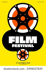 Postervorlagen für Filmfestivals. Filmrolle verbinden mit runden Rechteck Form flachen Design-Stil auf gelbem Hintergrund. Kann für Hintergrund, Broschüre, Flyer, Banner, Vektorgrafik verwendet werden