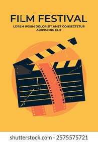 Film festival retro poster design with a film strip in clapperboard. Minimalist film poster in retro style with grunge texture. Vector illustration