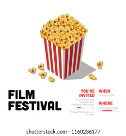 Film Festival Vector Invite Illustration with Popcorn Tub and Venue and Date Details Template