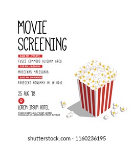 Film Festival Vector Invite Illustration with Popcorn Tub and Venue and Date Details Template