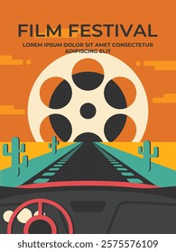 Film festival vector retro poster template design with a view from inside a car onto a deserted road with a film strip and reel. Road movie film poster in retro style