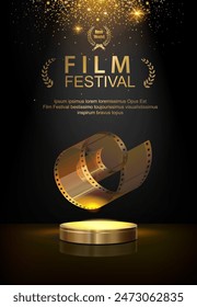 Film festival vertical poster elegant template 35 mm shining film strip. Movie festival banner with golden cinema sparkling tape on podium stage. concept brochure, flyer, vector illustration