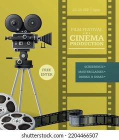 Film festival vertical poster template with camcorder reels and tape on color background realistic vector illustration