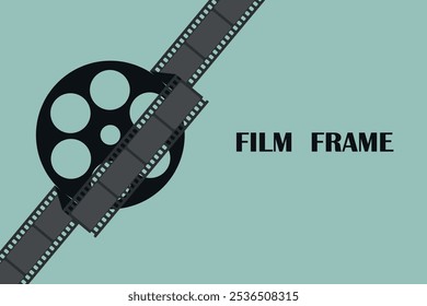 Film frame background with film reel wrapped in long film strip. Movie film concept. Retro style. Vector illustration