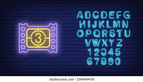 Film frame neon sign. Luminous signboard with countdown. Night bright advertisement. Vector illustration in neon style for cinema, footage production, creativity