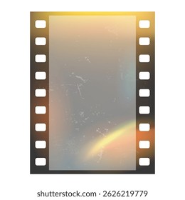 Fotostrip van het filmframe met licht lekeffect. 35 mm film tape formaat. Bekrast overlay-filtereffect terugzetten. Sjabloon voor verticale videobandranden. Leeg frame met vlamgradiënt