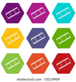 Film with frames icon set many color hexahedron isolated on white vector illustration