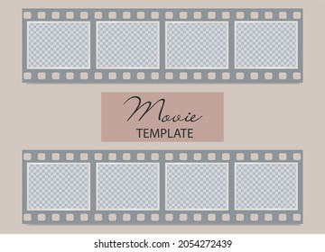 Film frames Mockup with empty space for photo or image. Cinema strip photo frames on beige background. 8 transparent templates. Mood board composition. Vector EPS10. 