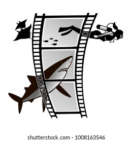 film frames with the shark and diver