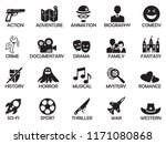 Film Genres Icons. Black Flat Design. Vector Illustration. 