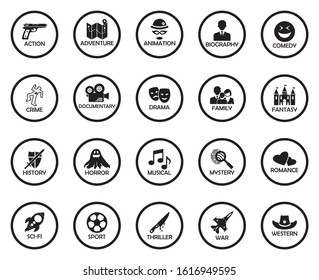 Film Genres Icons. Black Flat Design In Circle. Vector Illustration.