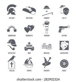 Film Genres Icons Black Set With History Western Comedy Sci-fi Symbols Isolated Vector Illustration