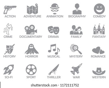 Film Genres Icons. Gray Flat Design. Vector Illustration. 