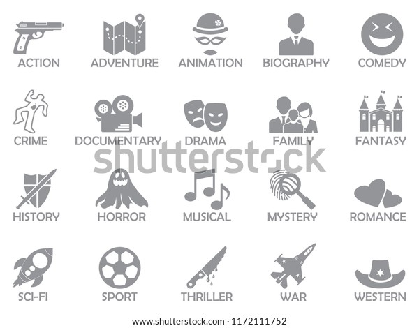 Film Genres Icons Gray Flat Design Stock Vector (Royalty Free) 1172111752