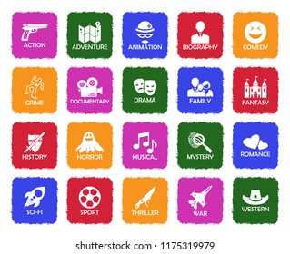 Film Genres Icons. Grunge Color Flat Design. Vector Illustration.