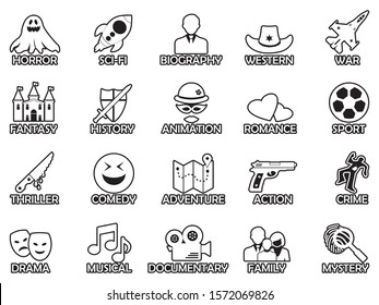 Film Genres Icons. Line With Fill Design. Vector Illustration.