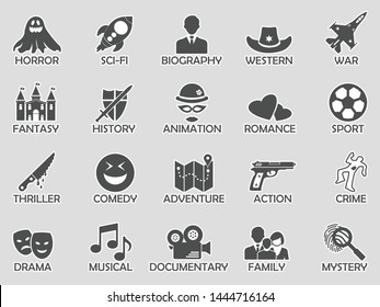 Film Genres Icons. Sticker Design. Vector Illustration.