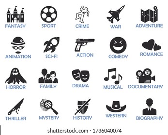 Film Genres Icons. Two Tone Flat Design. Vector Illustration.