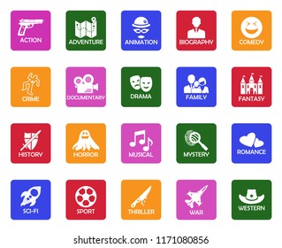 Film Genres Icons. White Flat Design In Square. Vector Illustration. 