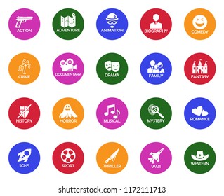 Film Genres Icons. White Flat Design In Circle. Vector Illustration. 