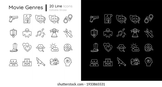 Film genres linear icons set for dark and light mode. Action comedy, drama movie. Cinema entertainment. Customizable thin line symbols. Isolated vector outline illustrations. Editable stroke