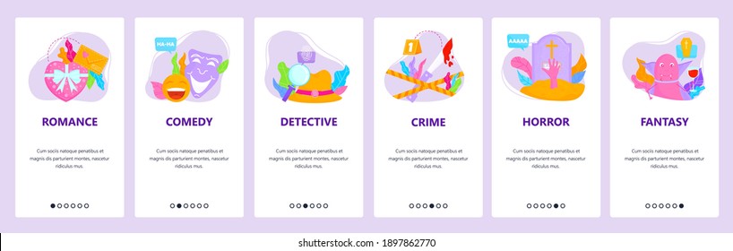 Film genres. Romance, comedy, detective, crime, horror, fantasy. Mobile app onboarding screens. Vector banner template for website and mobile development. Web site design illustration.