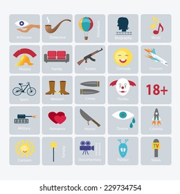 Film genres vector icon set. Web graphics. Flat Design