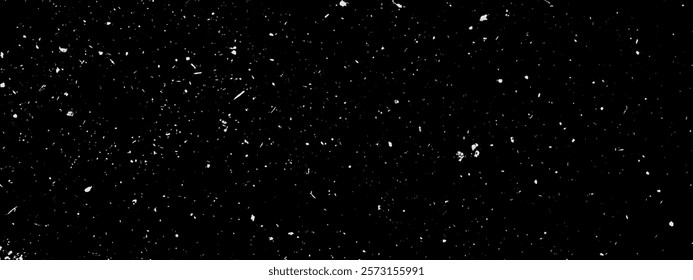 Film grain overlay. Vector snow effect pattern. Abstract starry night sky background. White speckles on black backdrop. Grungy gritty noisy urban texture. Random dots and flecks for old photo effect