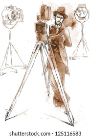 From the film history: Man behind the camera. /// Vintage (in the grunge-retro style). Drawing converted into vector.