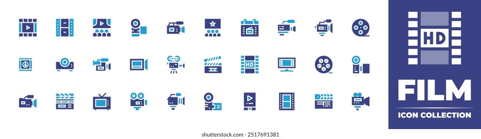 Coleção de ícones de filme. Cor duotônica. Ilustração vetorial. Contendo videoprodução, televisionfilm, filme, câmera de vídeo, clapperboard, projetor, câmera de vídeo.