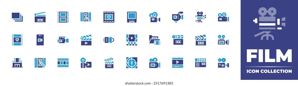 Coleção de ícones de filme. Cor duotônica. Ilustração vetorial. Contendo foto, câmera de vídeo, filmstrip, filme romântico, filme, clapperboard, editar, câmera, cinema, vídeo, dvd.