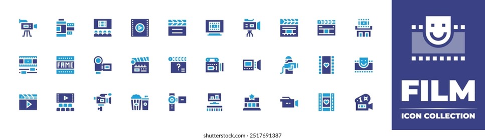 Coleção de ícones de filme. Cor duotônica. Ilustração vetorial. Contendo fotofilme, filme, videoedição, filme, câmera, cinema, clapperboard, videocâmera, clapboard, fama.