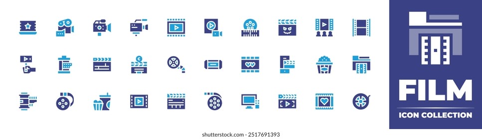 Coleção de ícones de filme. Cor duotônica. Ilustração vetorial. Contendo filmreel, filmroll, filme, clapperboard, cinema, videocâmera, vídeo do casamento, vídeo, filme, selfiestick.