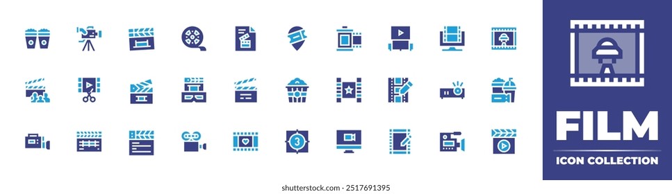 Coleção de ícones de filme. Cor duotônica. Ilustração vetorial. Contendo filmediting, família, cenário, ação, filme, câmera, filmstrip, óculos, bollywood, pipoca, cinema.