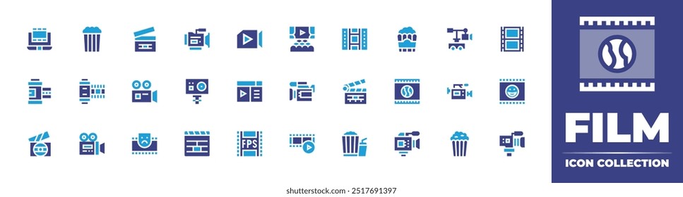 Coleção de ícones de filme. Cor duotônica. Ilustração vetorial. Contendo filmroll, clapperboard, bollywood, câmera de vídeo, filme, drama, navegador, cameraroll, fps, actioncamera.