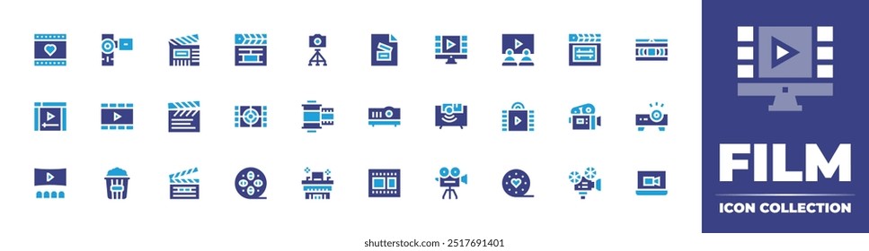 Coleção de ícones de filme. Cor duotônica. Ilustração vetorial. Contendo clapperboard, câmera, filmroll, projetor, filme, vídeo de casamento, câmera de vídeo, cenário, vídeo.