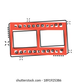 Film icon in comic style. Movie cartoon vector illustration on white isolated background. Play video splash effect business concept.