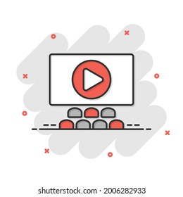 Film icon in comic style. Movie cartoon vector illustration on white isolated background. Cinema theater splash effect business concept.
