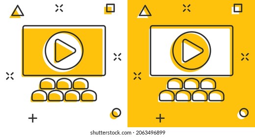Film icon in comic style. Movie cartoon vector illustration on white isolated background. Cinema theater splash effect business concept.