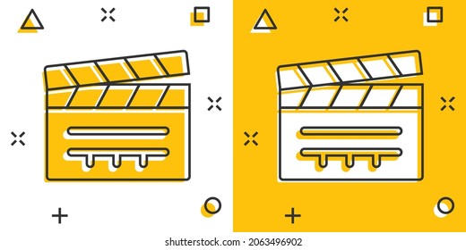 Film icon in comic style. Movie cartoon vector illustration on white isolated background. Clapper video splash effect business concept.