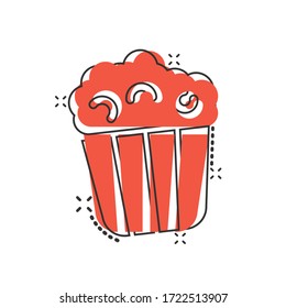 Film icon in comic style. Popcorn cartoon vector illustration on white isolated background. Pop corn bucket splash effect business concept.
