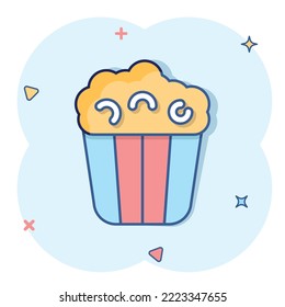Film icon in comic style. Popcorn cartoon vector illustration on white isolated background. Pop corn bucket splash effect business concept.