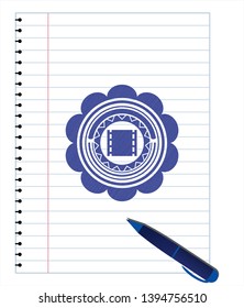 film icon draw (pen strokes). Blue ink. Vector Illustration. Detailed.