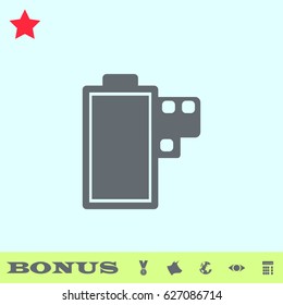 Film icon flat. Grey pictogram on blue background. Vector illustration symbol and bonus buttons medal, cow, earth, eye, calculator