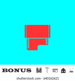 Film icon flat. Red pictogram on blue background. Vector illustration symbol and bonus buttons Music center, corkscrew, credit card, house, drum