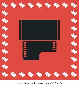 Film icon flat. Simple black pictogram on red background with white hearts for valentines day. Vector illustration symbol