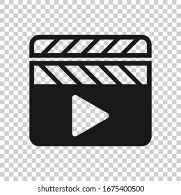 Film icon in flat style. Movie vector illustration on white isolated background. Clapper video business concept.