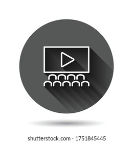 Film icon in flat style. Movie vector illustration on black round background with long shadow effect. Cinema theater circle button business concept.