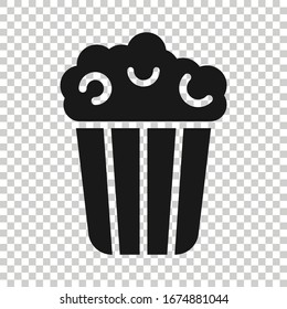 Film icon in flat style. Popcorn vector illustration on white isolated background. Pop corn bucket business concept.