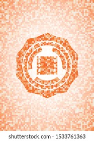 film icon inside abstract emblem, orange mosaic background